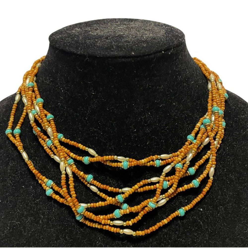 multi strand seed bead Collar necklace faux Turquoise wood tone Bead Boho 16”